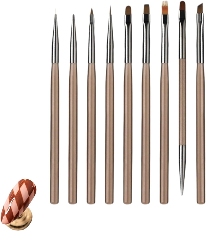 9 Pcs Acrylic Nail Art Brushes Set, Transparent Coffee Handle Professional Manic