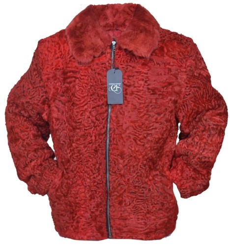 Pre-owned Handmade Red Real Persian Lamb Fur Karakul Fur Bomber Jacket All Sizes Mink Fur Collar