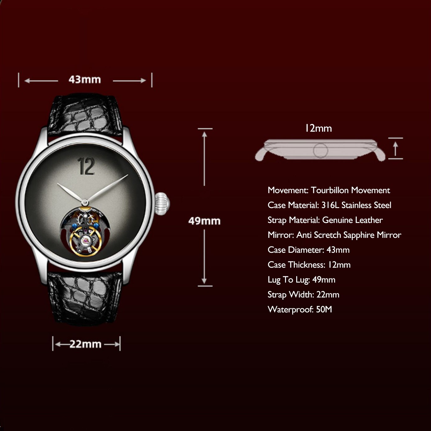 Pre-owned Merkur Men Luxury Watch Tourbillon Mechanical Wristwatch Gradualdial Onion Crown