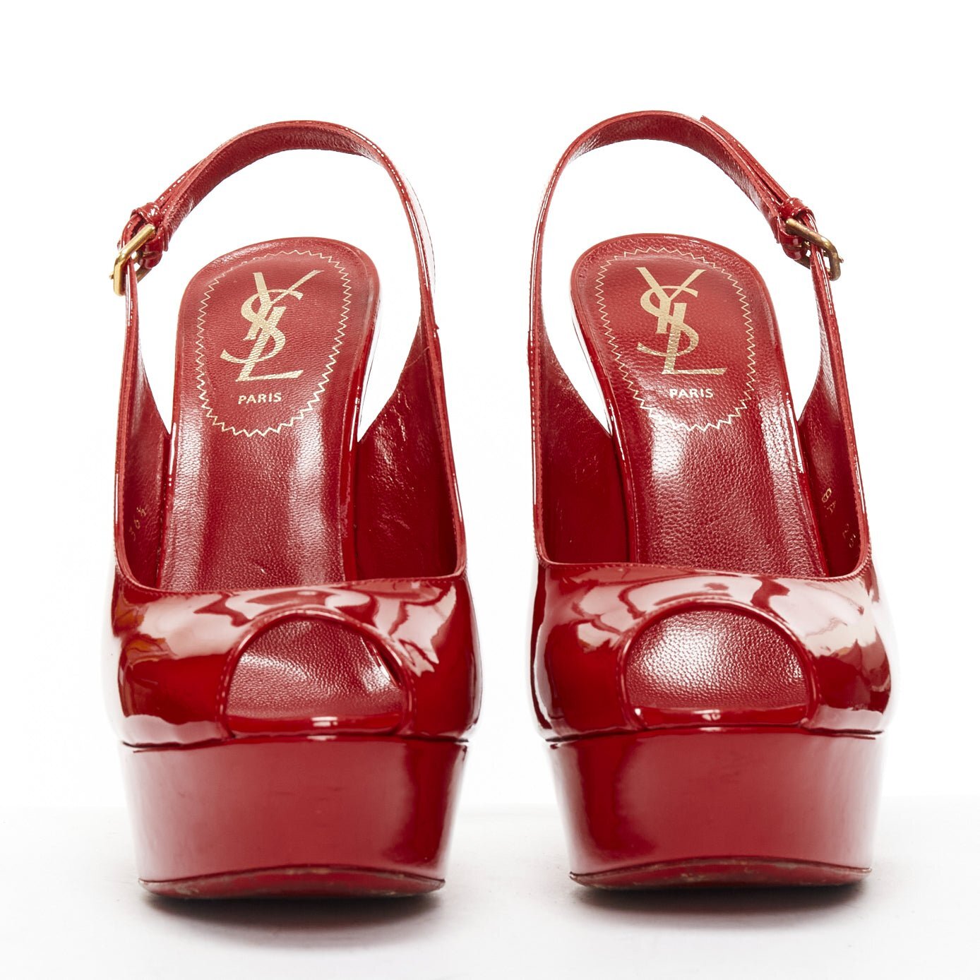 YVES SAINT LAURENT red patent peep toe platform slingback YVES SAINT LAURENT red patent peep toe platform slingback