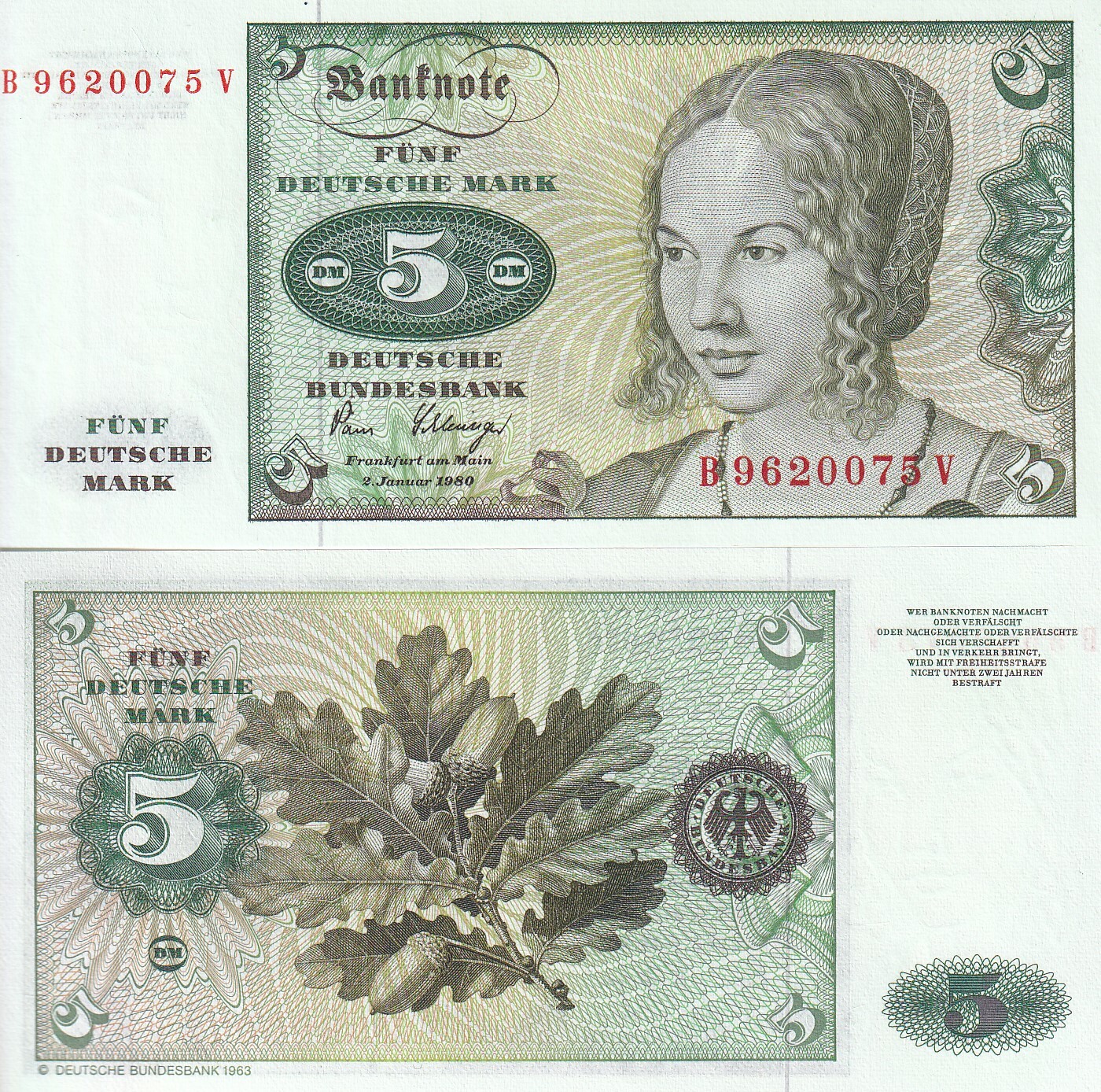 Germany Federal Republic 5 Mark 1980 P 30 UNC ,Deutsche Bundesbank