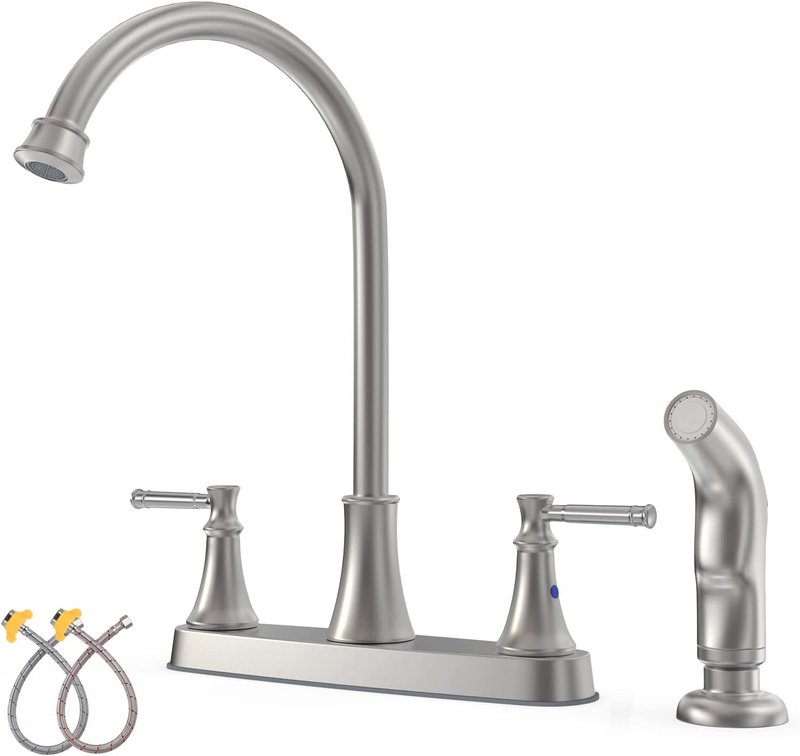 Brushed Nickel Kitchen Faucet with Side Sprayer, 2-Handle High Arc 3 or 4 Holes