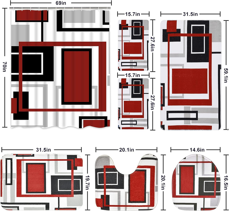 7 Piece Red Geometric Shower Curtain Set with Rugs and Towel, Include Non-Slip R