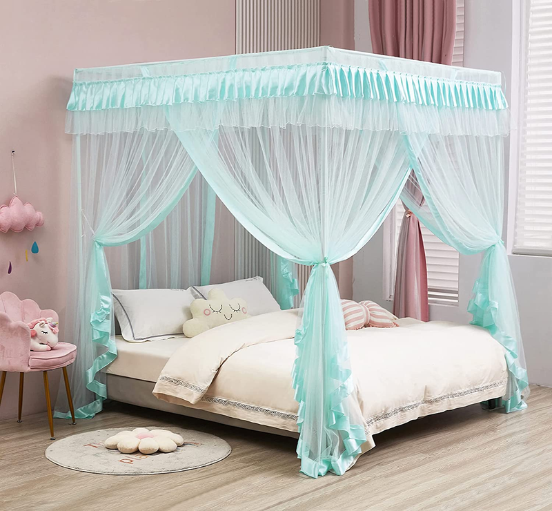 Sky Blue Ruffled Four 4 Post Bed Canopy Netting Curtains Sheer Panel SIZE Twin