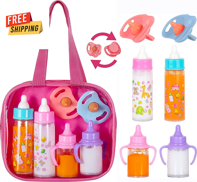 Disappearing Doll Feeding Set - 6 Piece Baby Care Toy for Stroller, Includes Bot