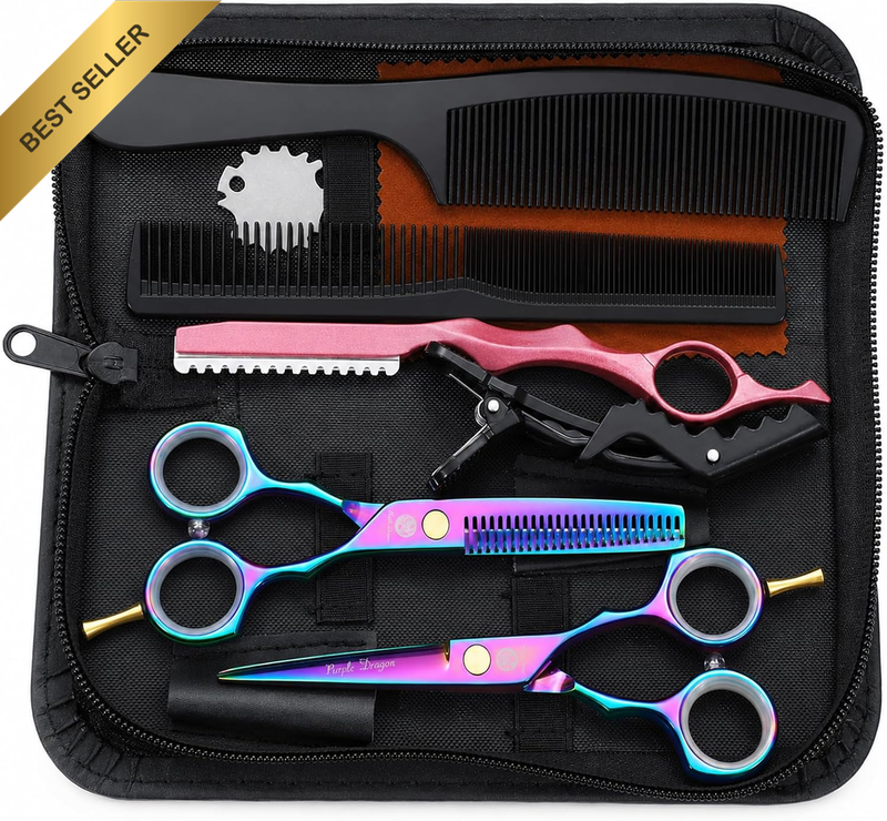5.5 Inch Purple Hair Cutting Scissors Set with Razor, Leather Scissors Case, Bar