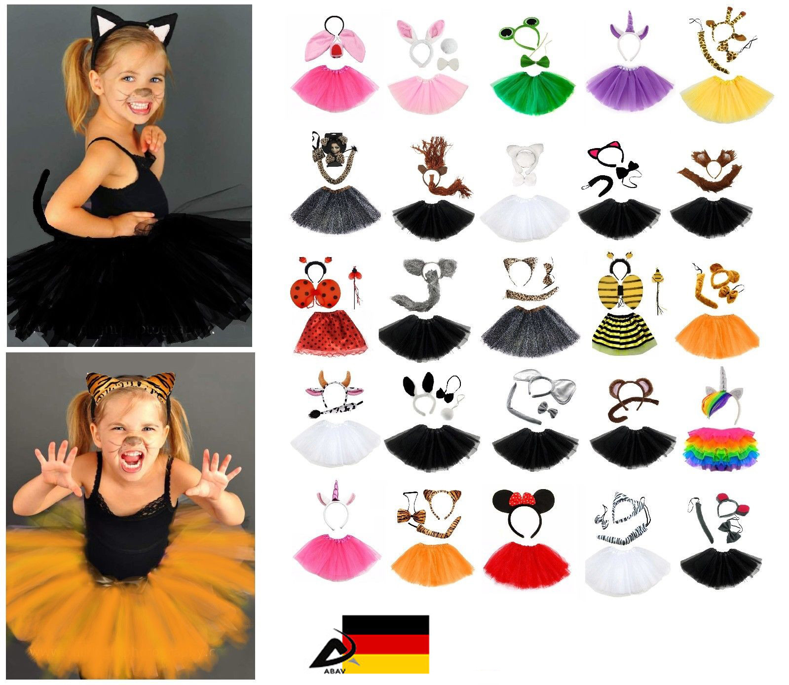Kinder Tier Kostüm Fasching Karneval Halloween Tütü Ohren Schleife Haarreifen 