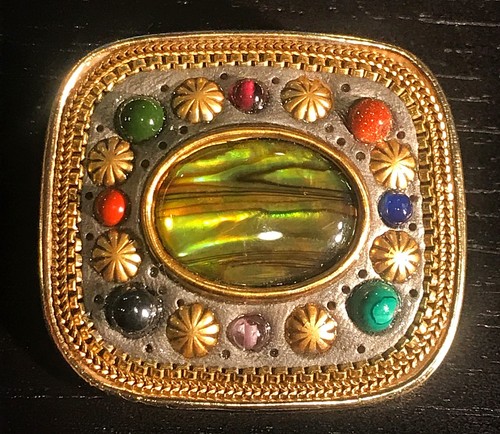MICHAEL GOLAN NYC ARTIST SIGNED BROOCH GOLD / SILVER & SEMI PRECIOUS STONES