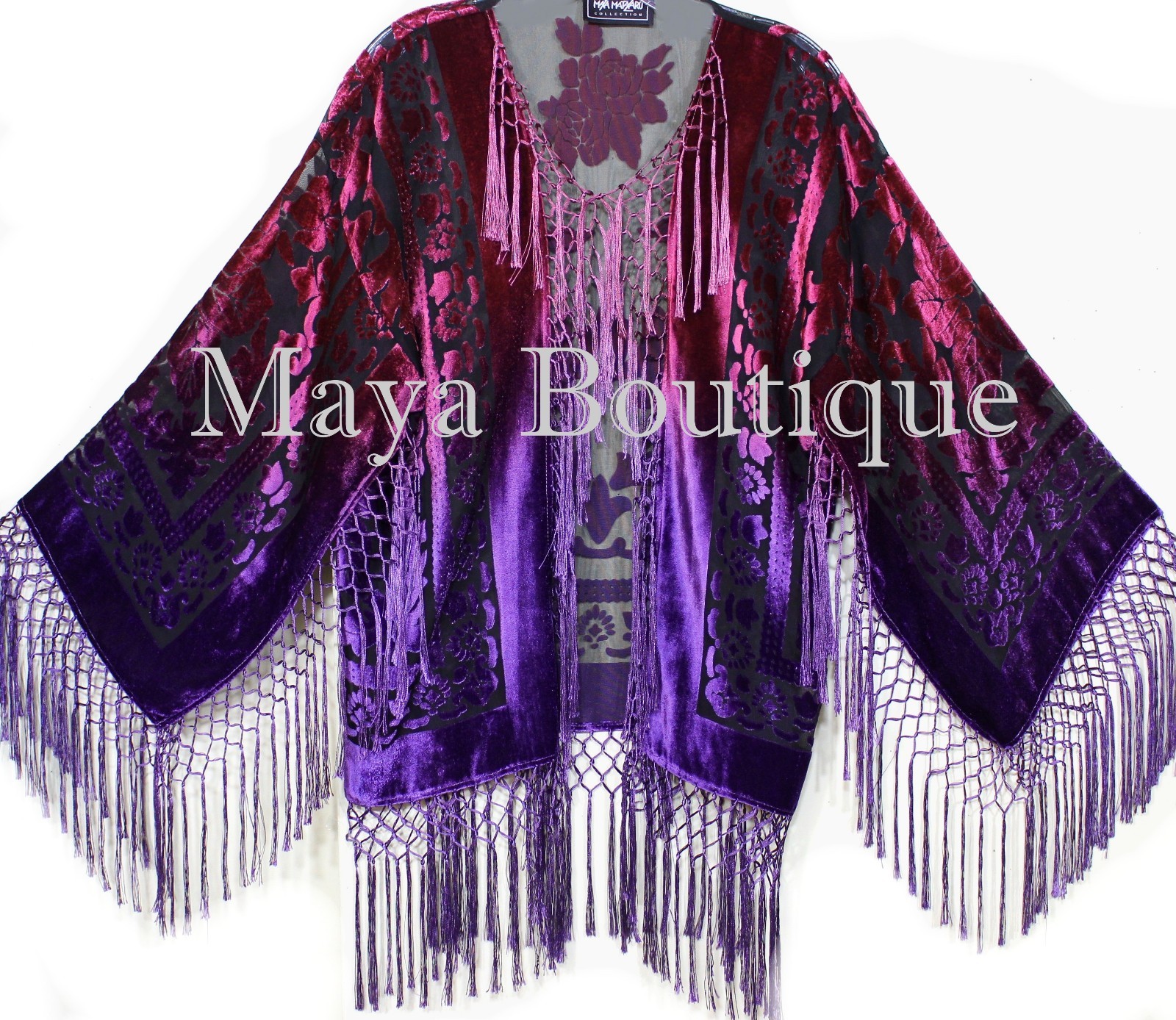Pre-owned Maya Matazaro Art To Wear Burnout Velvet Kimono Jacket Hand Dyed Violet Magenta  In Violet Magenta Ombre