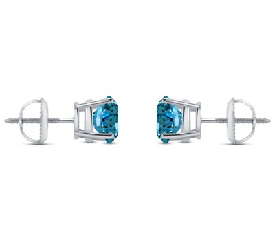 Pre-owned Shine Brite With A Diamond 4 Ct Round Real 14k White Gold Blue Simulated Diamond Earrings Studs Screw Back
