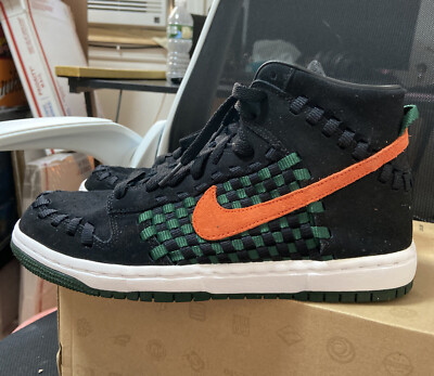 Size 8 - Nike Dunk High Woven Black Orange Gorge Green VTG SB 555030 080 no lid