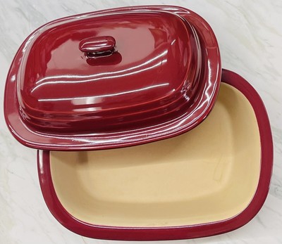 Pampered Chef White Deep Covered Baker Cranberry 13 x9.5 x7.5  