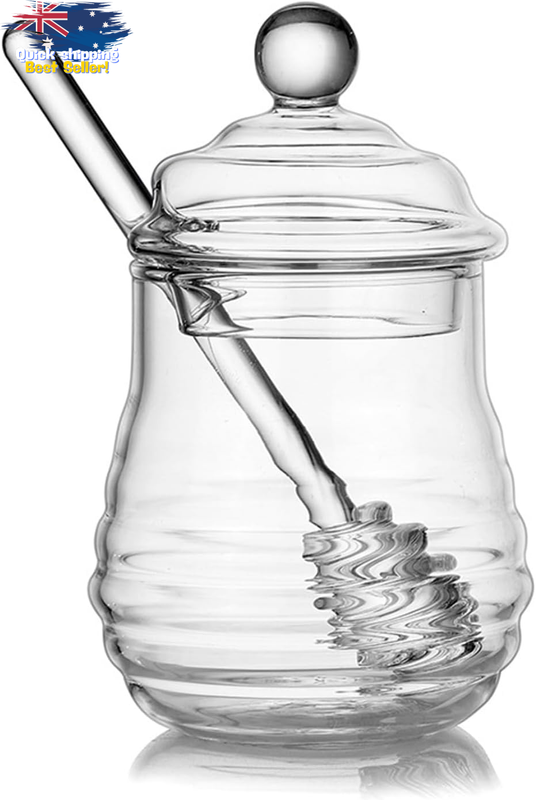 10oz Glass Honey Pot with Lid & Dipper, Beehive Dish, Jam Jelly Container