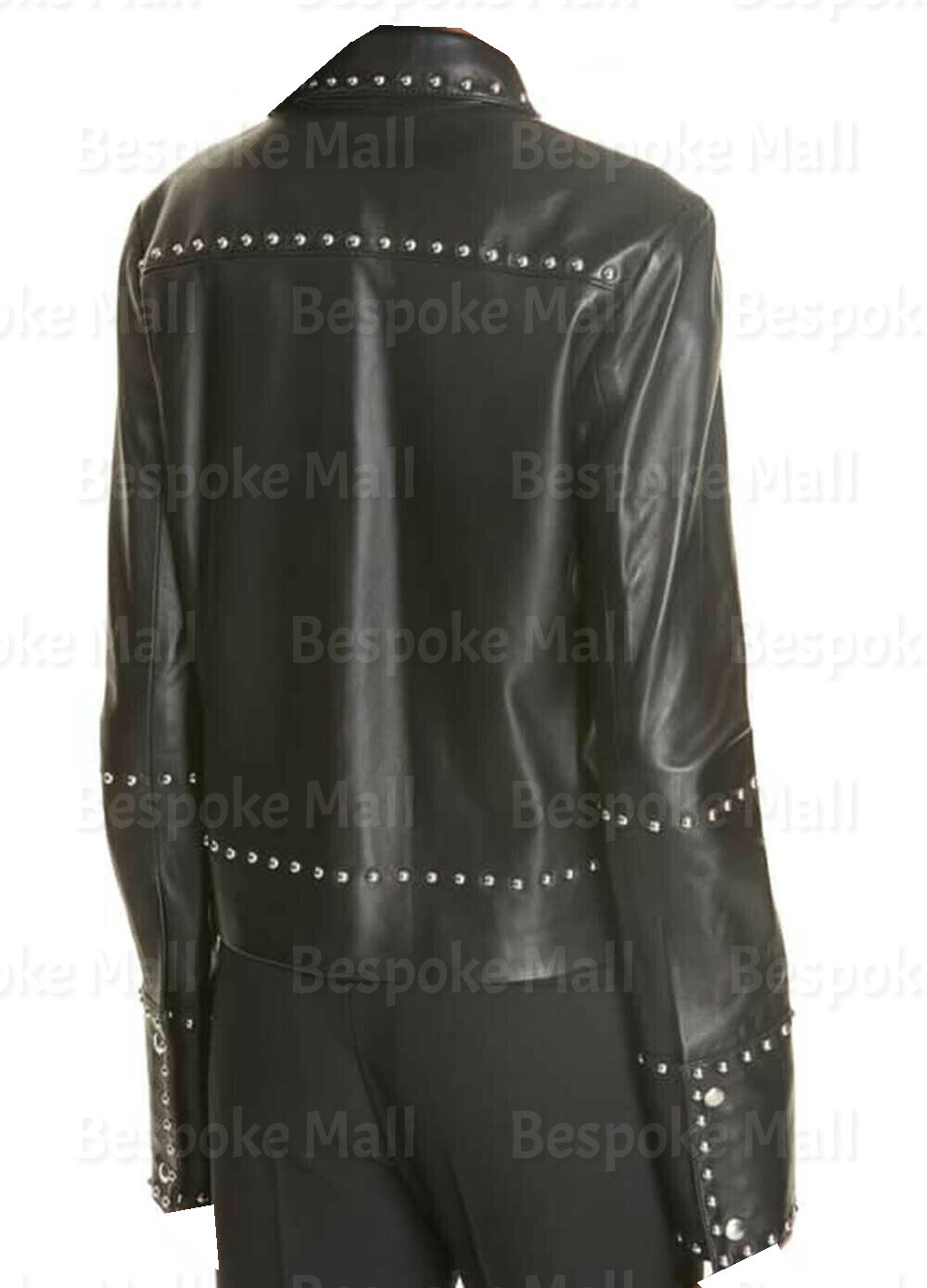 Pre-owned Handmade Woman Punk Black Studded Button Up Cowhide Biker Leather Jacket-379