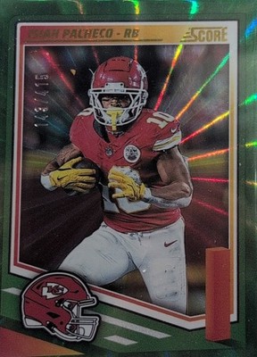 2025 Panini Score Isiah Pacheco Green Spokes Parallel /415 #278 KC Chiefs Card