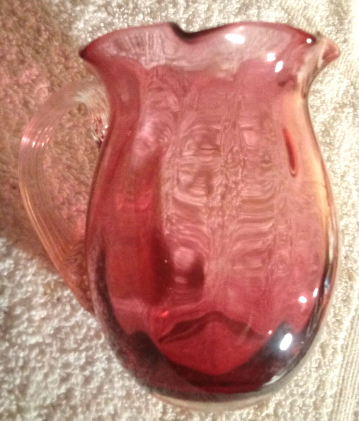 vintage Cranberry Glass pitcher hand blown 4