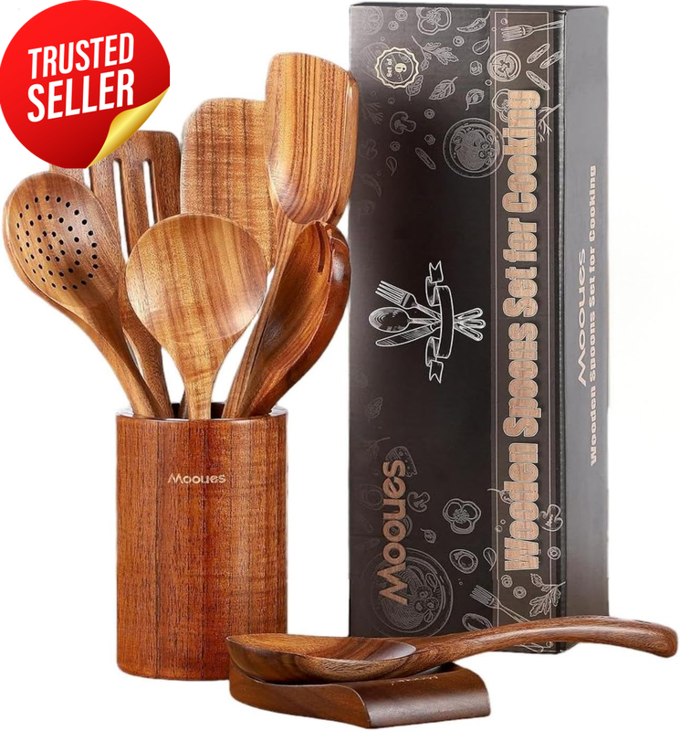 9-Piece Teak Cookware Set Spoon Rack Storage Bin