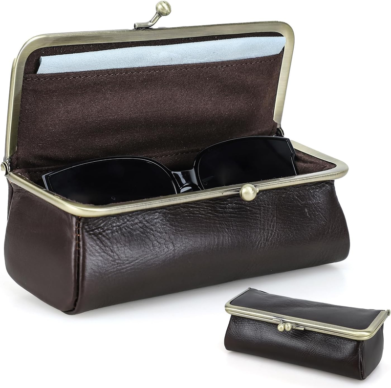 Leather Sunglasses Case with Kiss-Lock Closure - Handcrafted Full-Grain Oil-Bead