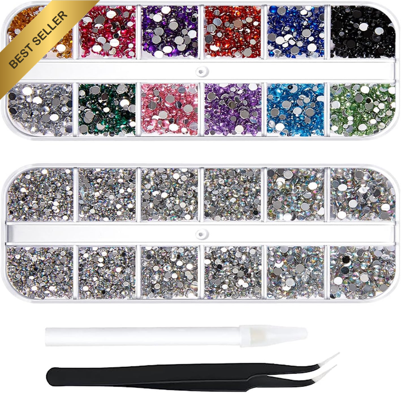 2 Boxes Rhinestones for Nail Art Craft, 6 Size Nail Gems Flatback Rhinestone for