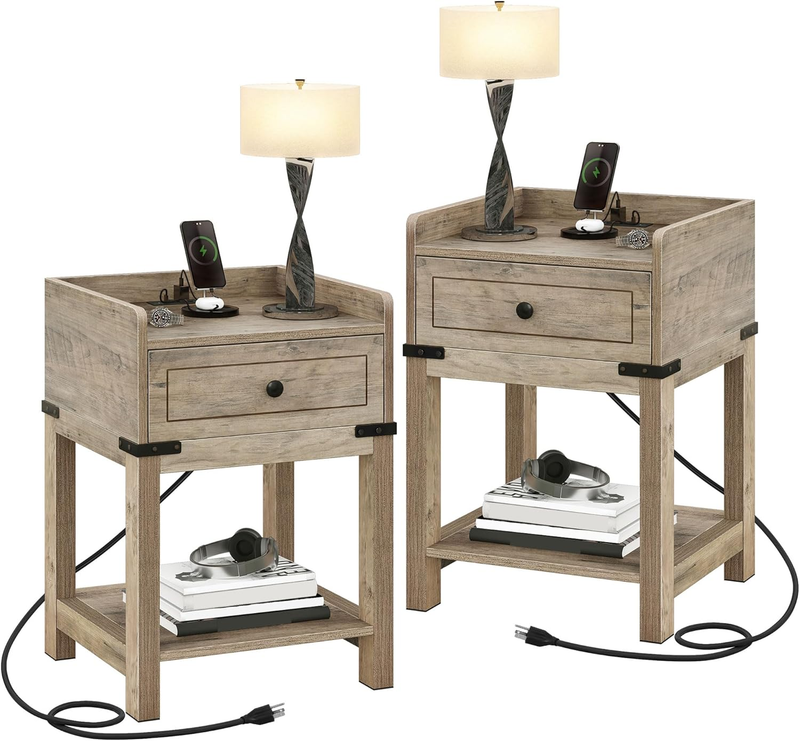 Farmhouse Nightstand with Charging Station, Night Stands with Drawer for Bedroom, Bedside Table with Lip for Small Space, End Side Table with USB Ports and Outlets, Set of 2, Rustic Grey