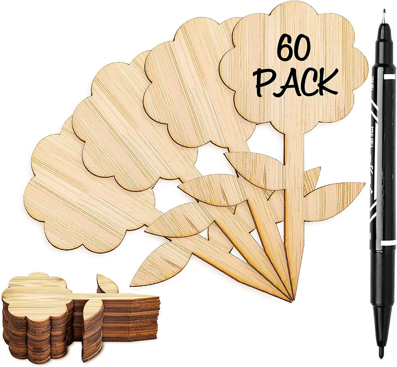 60Pcs Flower-Type Bamboo Plant Labels with 1 Marker Pen Eco-Friendly Wooden Plan