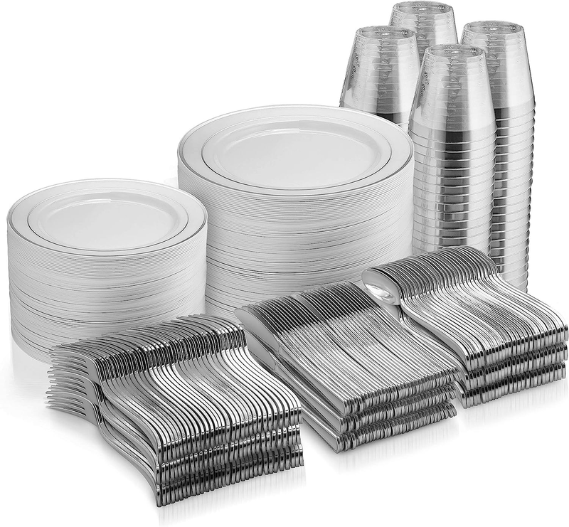 -100 Silver Rim 10 Inch Plastic Plates 100 Si...
