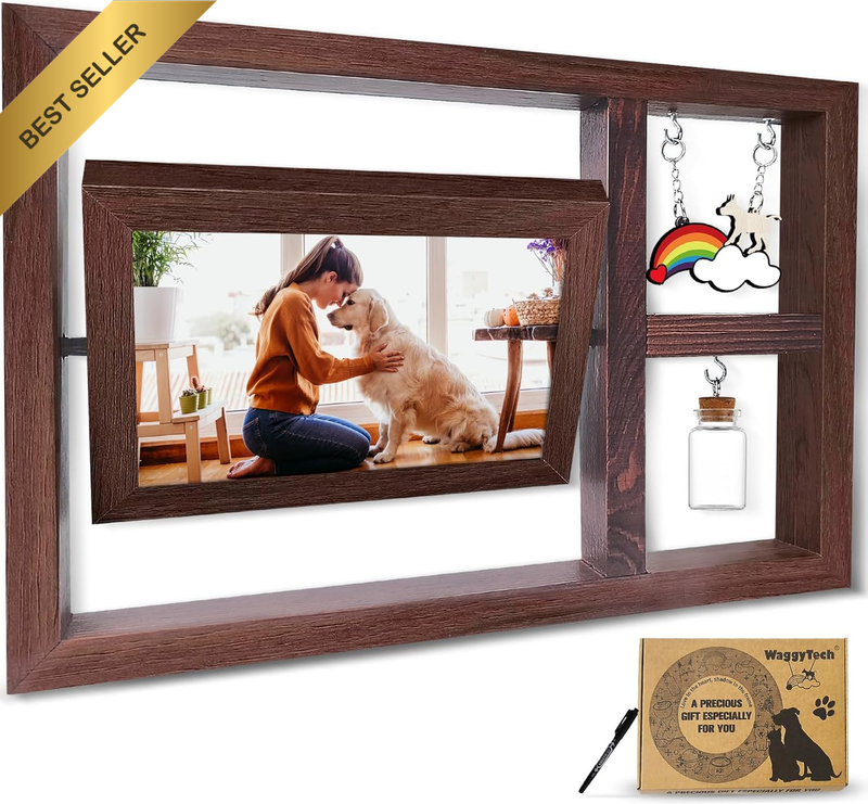 Pet Memorial Photo Frame for Dogs, Rotating Wooden 4X6 Double-Sided Picture Fram