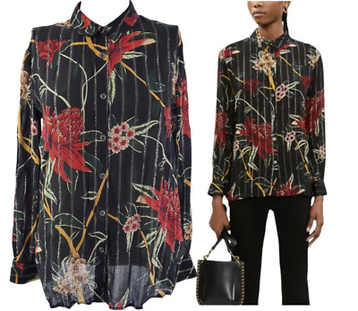 Bash Shirt Blouse Black Floral Print PETUNIA Silver Striped Button Front UK 6