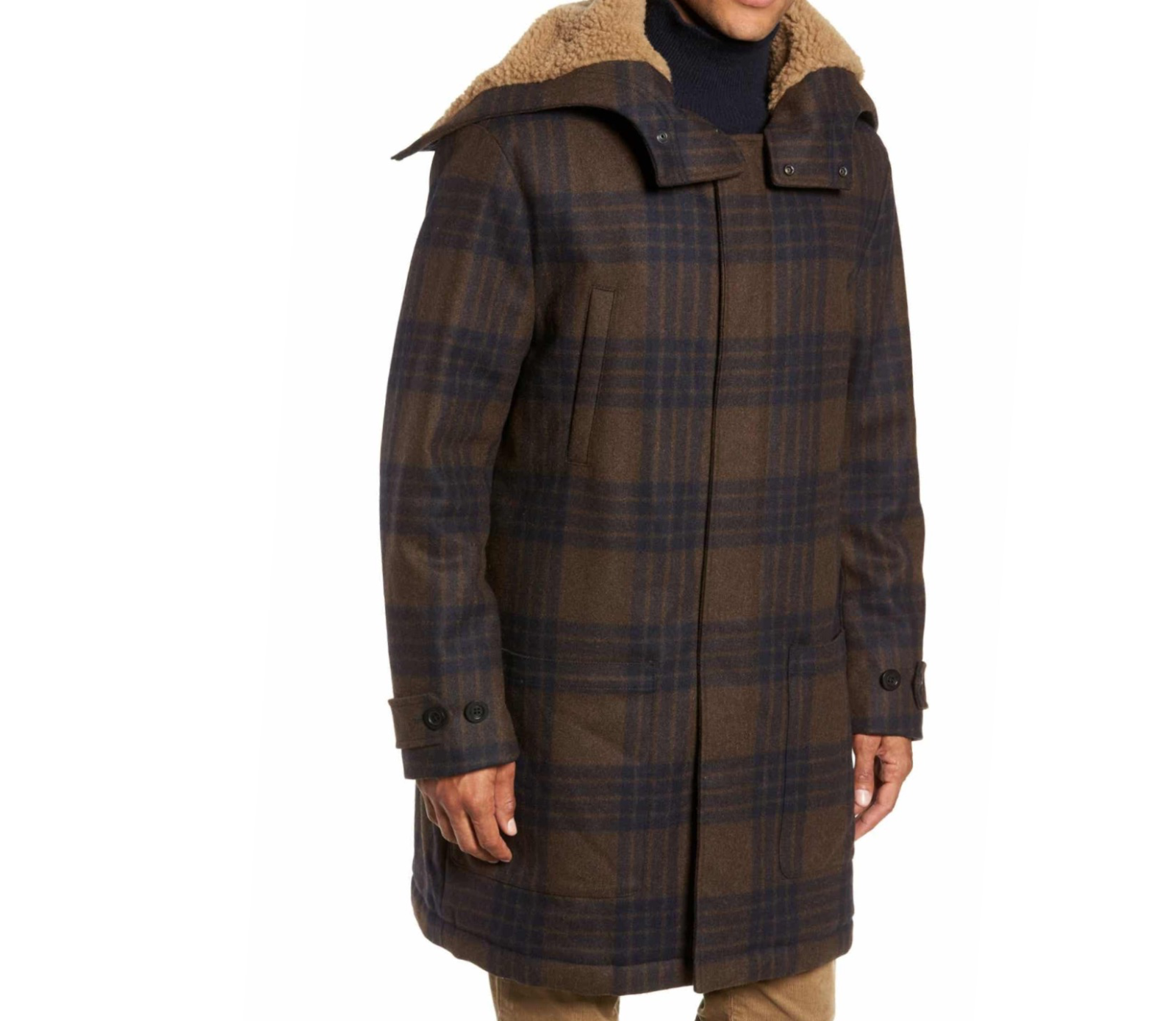 Pre-owned Vince Men's Plaid Duffle Coat With Faux Shearling Trim Msrp $895 In H Redwood