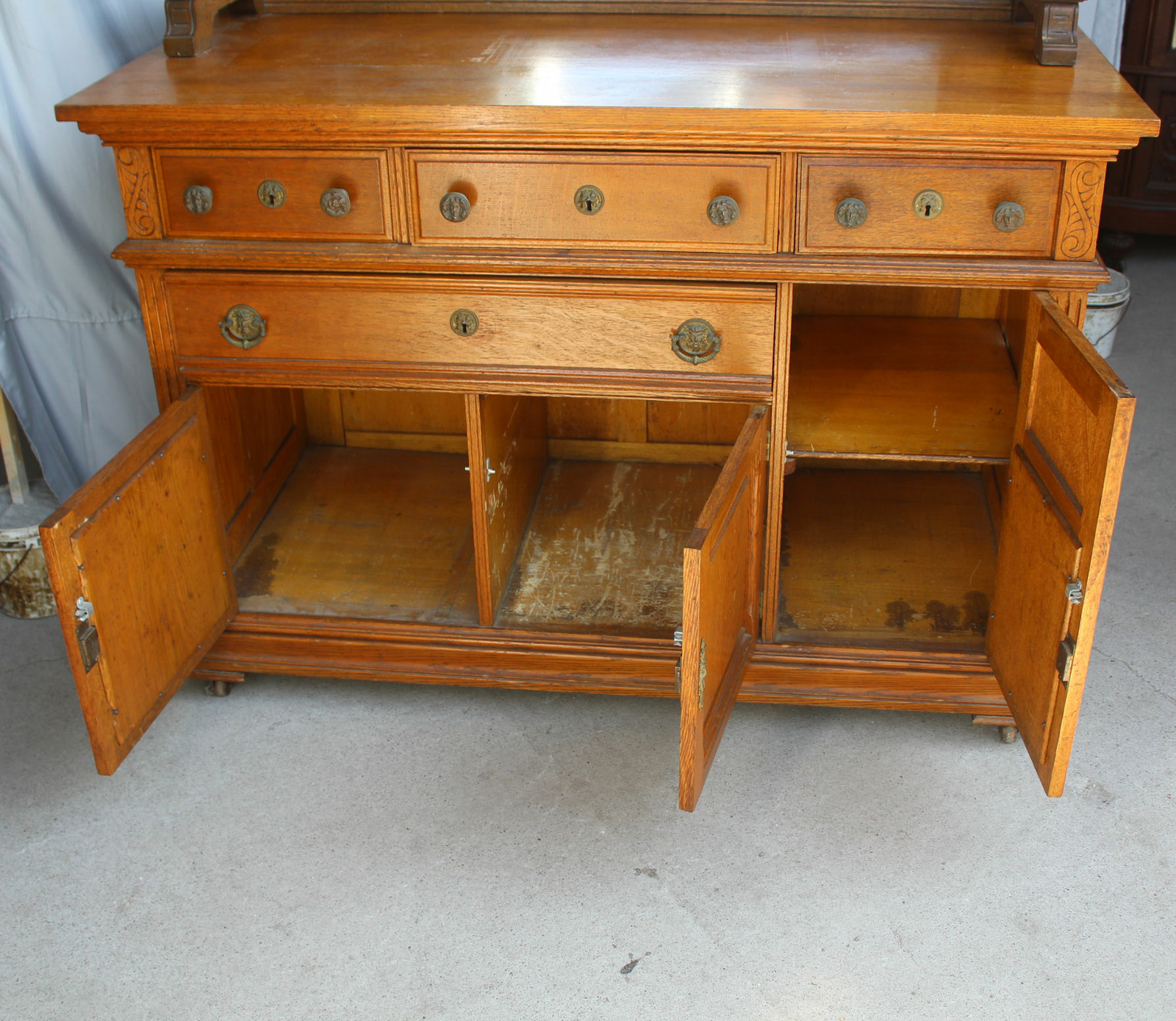 Antique Oak Sideboard Buffet – Hidden iron strong box in drawer