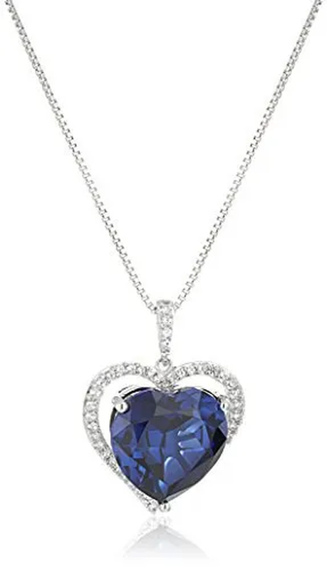 XPY Sterling Silver Heart Created Sapphire Framed with Created Sapphire Pendant Necklace, 18