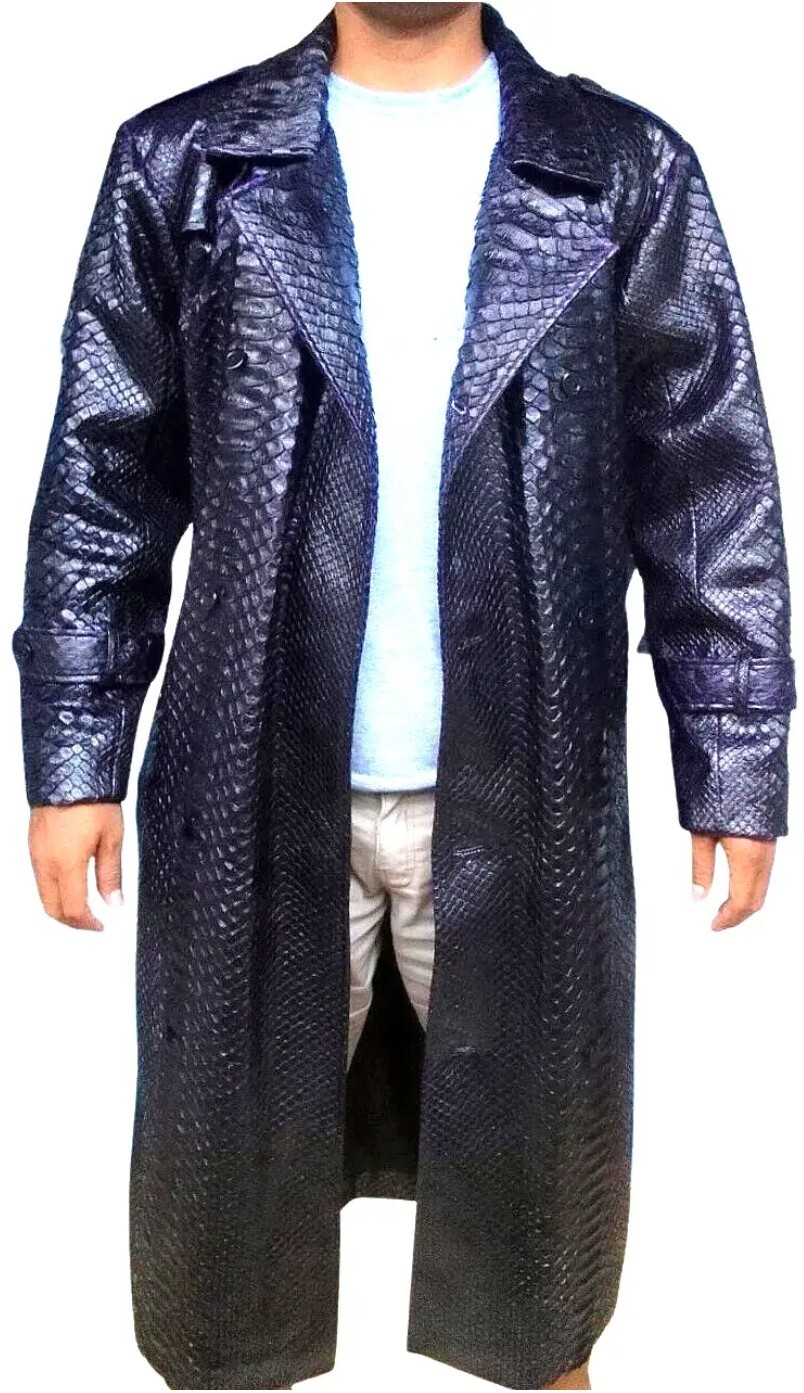 Pre-owned Handmade Man's Real Python Snake Skins Genuine Snake ? Hides Long Trench Coat All Sizes In Black