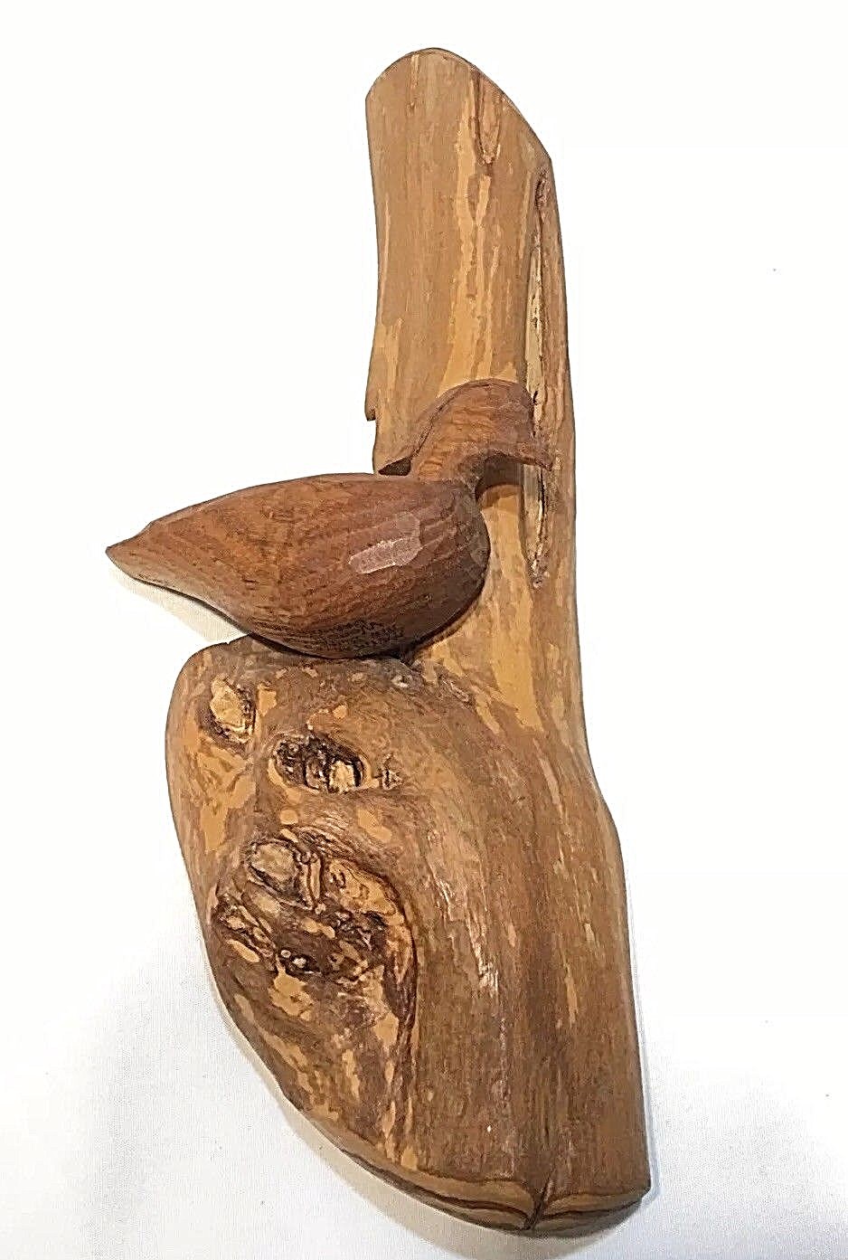 Signed Carved Wood Duck on 10” butternut Burl Knot Up North Decor Decoy Folk Art