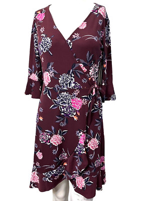 Candies Small Floral 3/4 Flutter Sleeve Faux Wrap Dress V Neck Purple Plumb NWT
