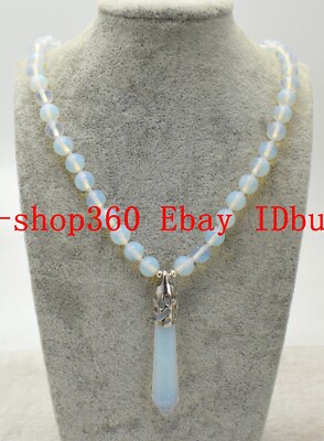 Natural 10mm White Opal Round Gemstone Beads Pendant Necklace 18'' AAA