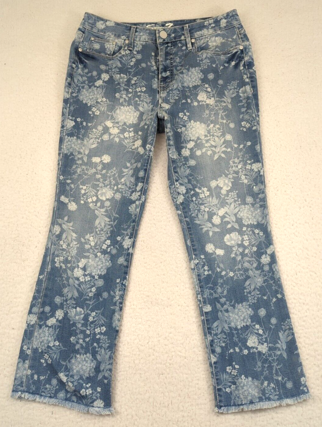 m♥ Seven7 Womens Jeans Kick Flare Crop Floral Sz 8 33x25 Raw Hem