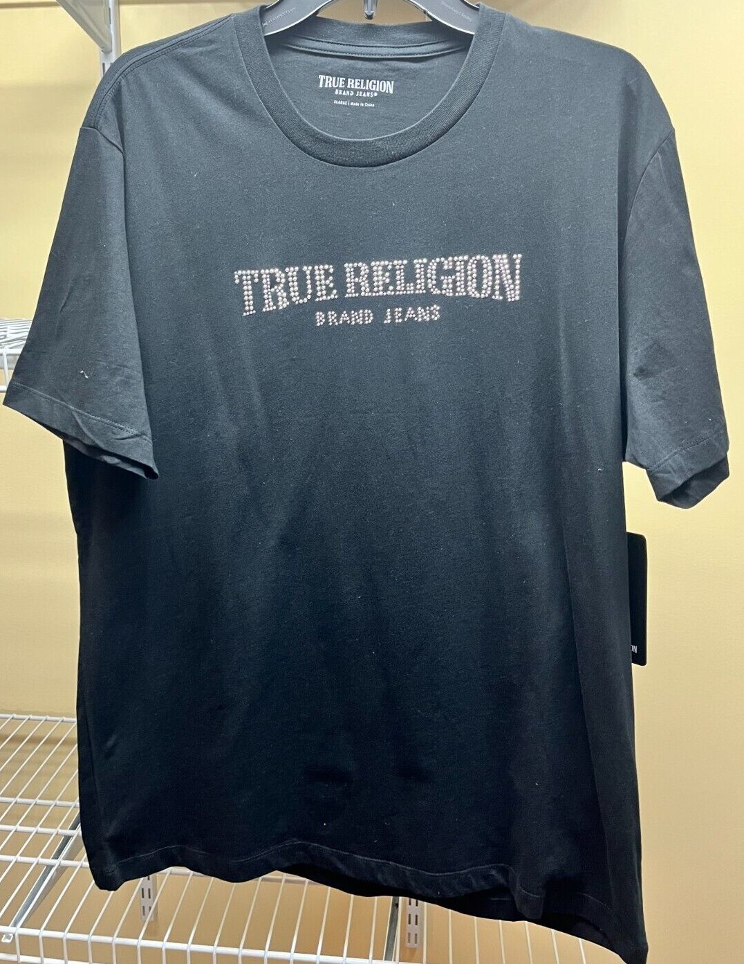True Religion Mens Black Silver Studded Arch Logo Crewneck T