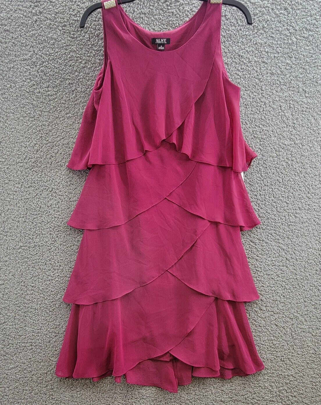SL Fashions Tiered Chiffon Dress Women's 4 Wineberry Ruffled Scoop Neck Pullover - Picture 2 of 15