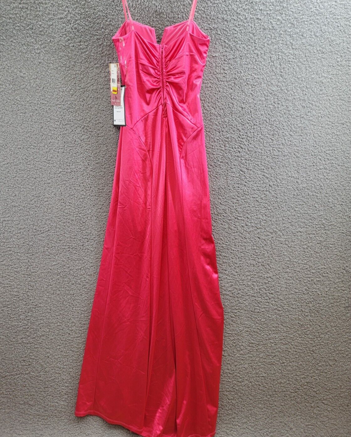 Emerald Sundae Notch-Neck Satin Leg-Slit Gown Juniors' S Neon Pink Back Zipped - Picture 9 of 16