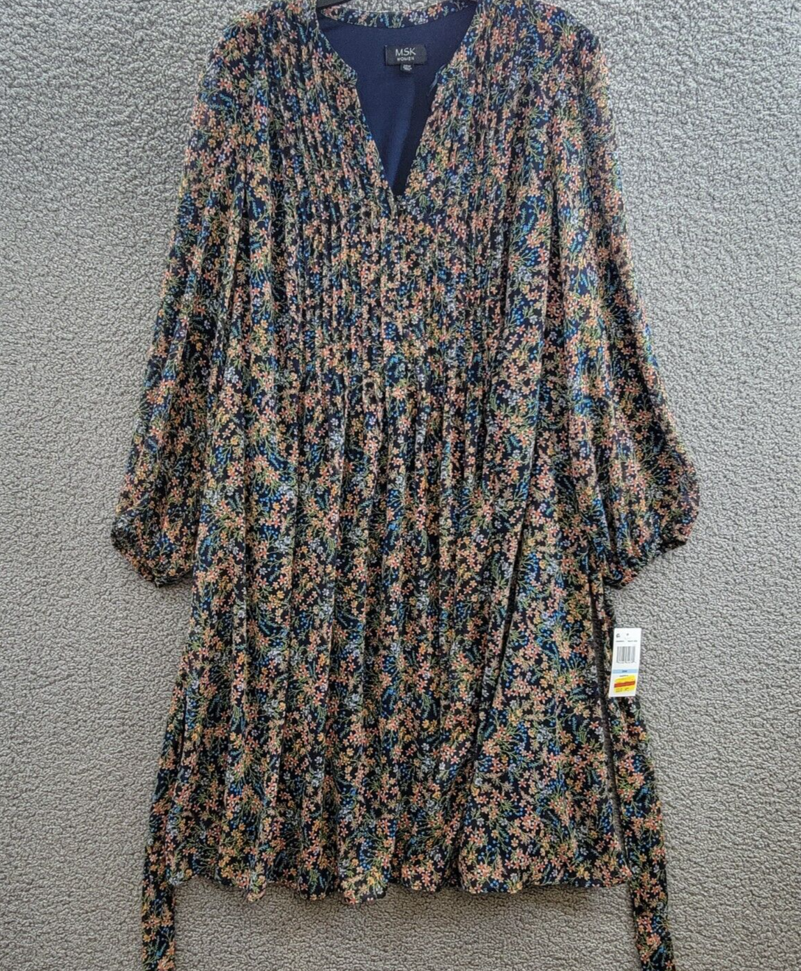 MSK Plus Size Floral-Print Chiffon Pintuck Shirtdress Women's 20W Navy Multi L/S - Picture 2 of 16