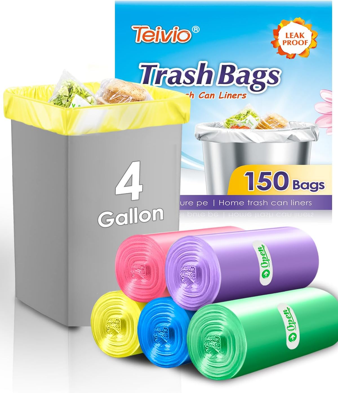 Teivio Small Colorful Clear Trash Bags 4 Gallon 150 Count Garbage Bags