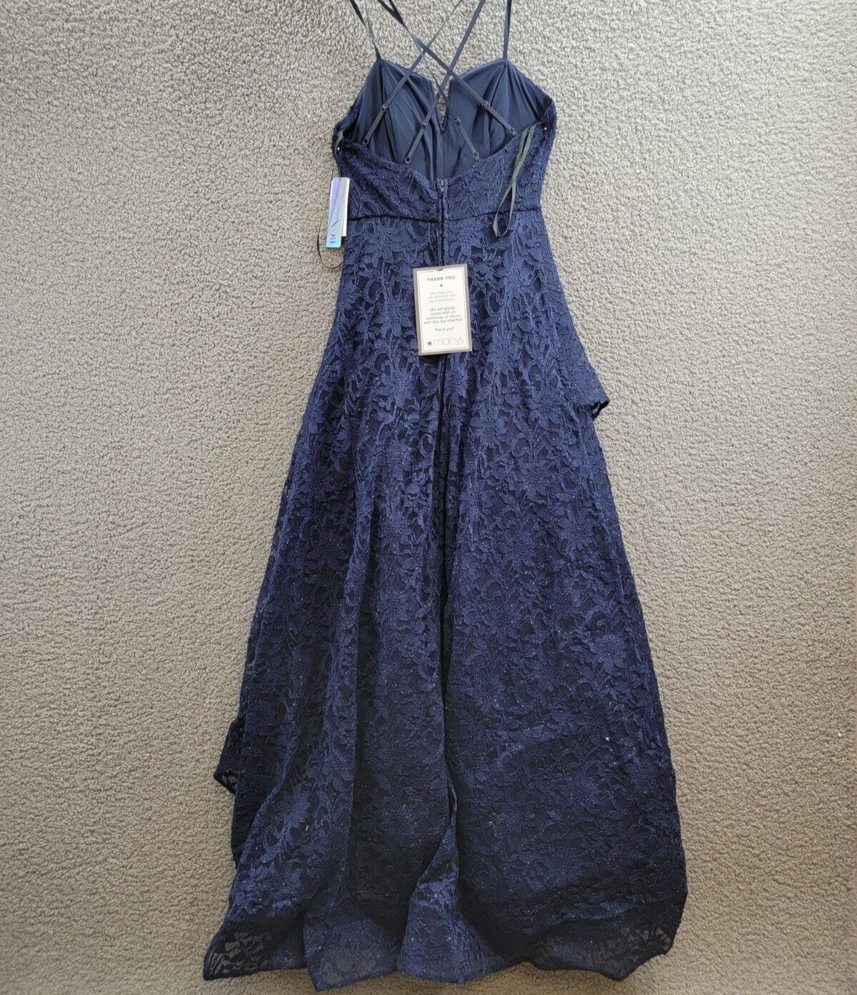 BCX Glitter Floral Spaghetti Strap Notch V-Neck Gown Juniors' 1 Navy Back Zip - Picture 9 of 16