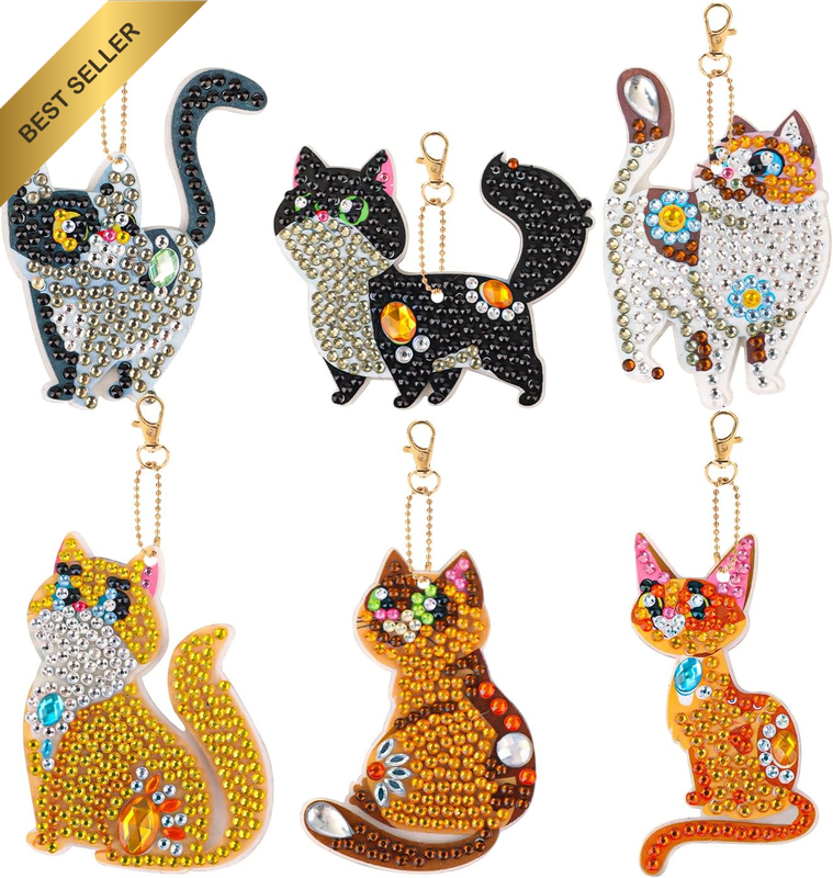 6Pcs Cat Diamond Art Painting Keychains, Double Sided Diamond Key Rings Rhinesto