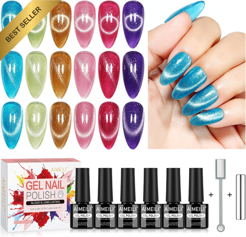 Cat Eye Gel Nail Polish Set - 6 Colors 5Ml with Magnet, Shimmer Glitter Gel Poli