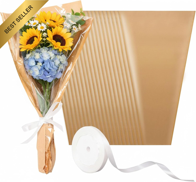 50 Pack Flower Bags for Bouquets, 9.8X18 Inch Kraft Paper Gift Wrapping Sleeves