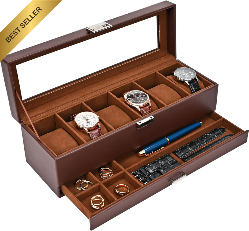 6 Slot Watch Box with Drawer, Double-Layer Jewelry Organizer Box with Glass Lid,