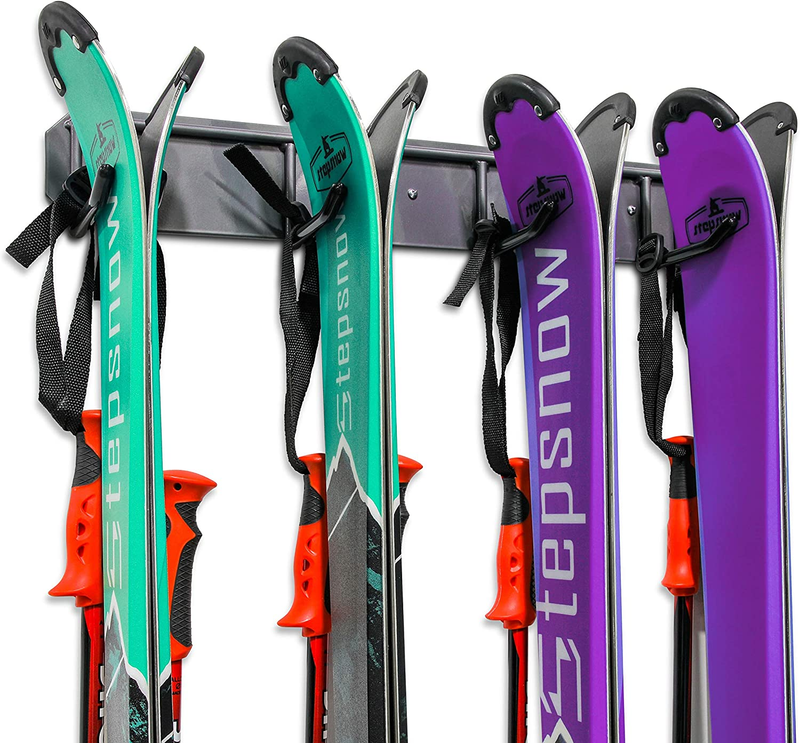 Wall Mounted Ski Storage Rack Holds 4 Pairs of Skis & Skiing Poles or Snowboard