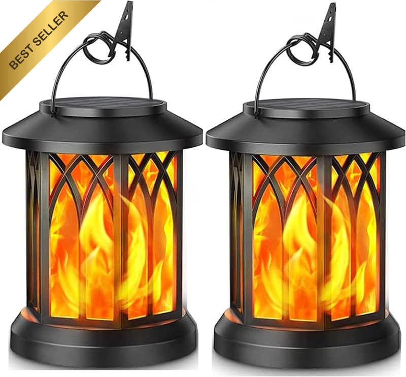 2 Pack Solar Lantern Outdoor Lights, Upgraded Flickering Flame Solar Lanterns Li