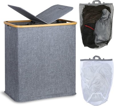 Efluky 140L Large Divided Wash Basket with Lid, 2 2 Compartments, Blue-grey 