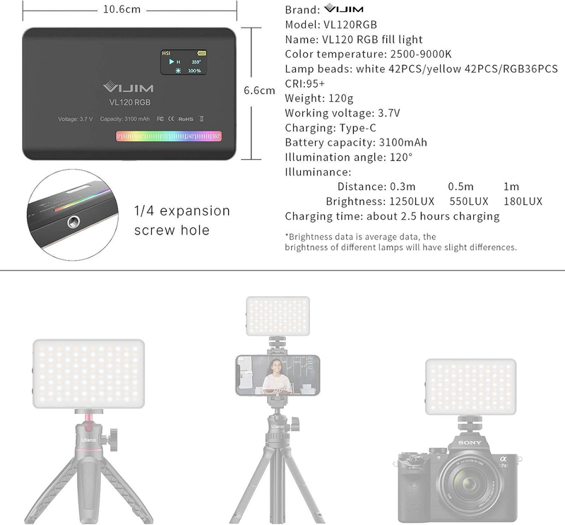 VIJIM VL120 RGB Video Light, Portable LED Camera Light Panel 0-360 Full Color, C